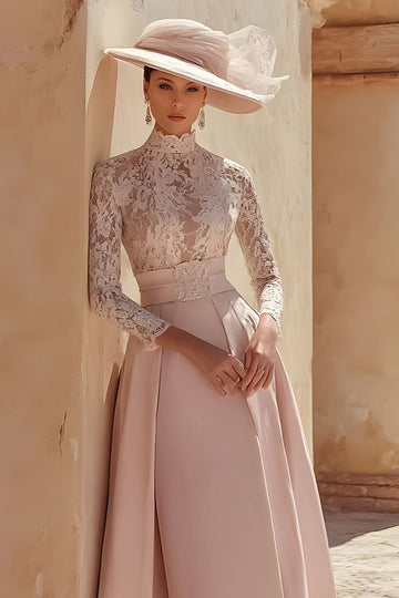 Rose bonbon Une ligne col haut longue Mère de la mariée Robe avec dentelle